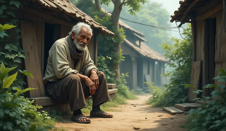 "A village scene featuring an elderly man sitting down. He appears very frail and weak, with a somber expression. The background includes simple village elements and some greenery, emphasizing the rustic and modest environment where the elderly man resides...