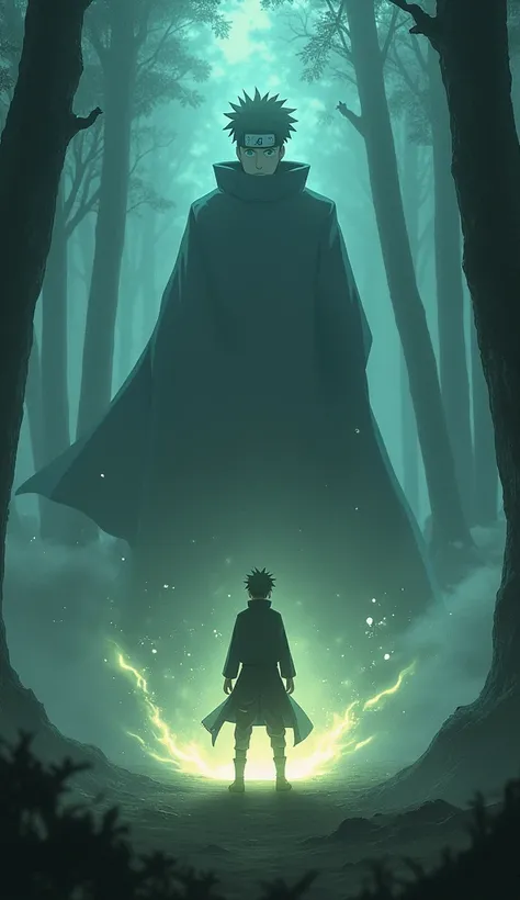 Boruto takes action against Gara, in the foggy forest only emits light from his super powers, cinematic look