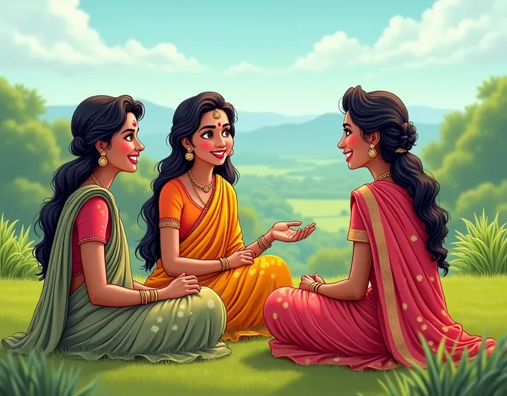 (photorealism:1.2), beautiful 3 woman wearing sambalpuri saree, chatting something, one woman blushing, sitting on grass field, background beautiful view, comics & cartoon style animation view,