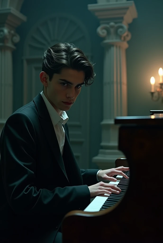 A very handsome cute man playing piano, gothic ambience , his full face is visible, big picture 