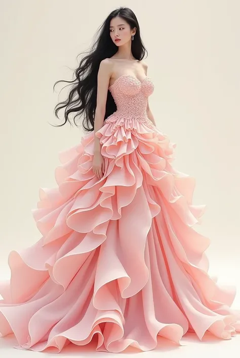 Beautiful girl with long black hair, high and body sand clock, with a long and voluminous satin pastel pink dress, dress inspired by seashells, in the style of fashion illustrations by Eduardo Torres eddybujo 