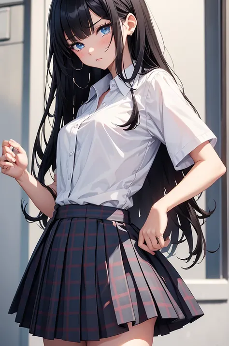 masterpiece,Best Quality,Absurd,One Girl,Black Hair.Long Hair,High school girl,Petite,Small breasts,blue eyes,White button-down short-sleeve shirt,Checkered pleated skirt,Crying face