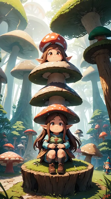 Best Quality, flying objects, Beautiful mature woman、Beautiful Face、Stubborn woman、(Brown Hair、Brown eyes)、Long Hair、Magazine Style,Full body shot、break(Gnome:1.2)、break((Giant Mushroom Forest))、((Small breasts))、break((Gnomeのスタイル))、(Sitting on a stump)