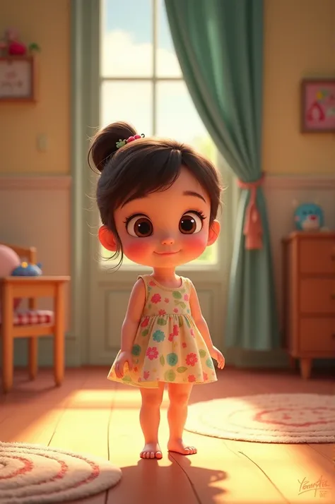 Create an animated image,Showing a three year old girl，Standing in the room