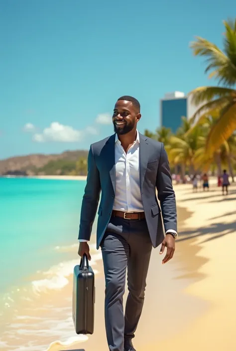 Generate me a video of a beautiful African man engineer on a mission for an international company at the beach 