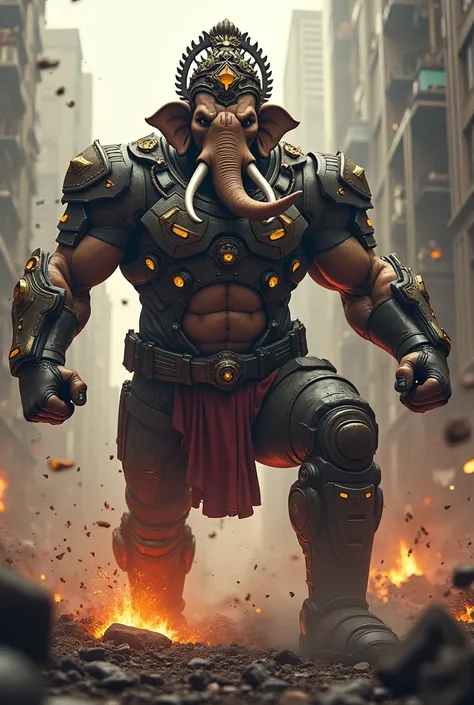 Ganesh with Averngers get up with angry face wearing guns suits  and bumb blasting  and fiting Full body building lifting all weights around buildings crash