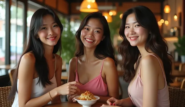 3 beautiful Thai girls with confident smiles, sexy clothes sitting in a cafe