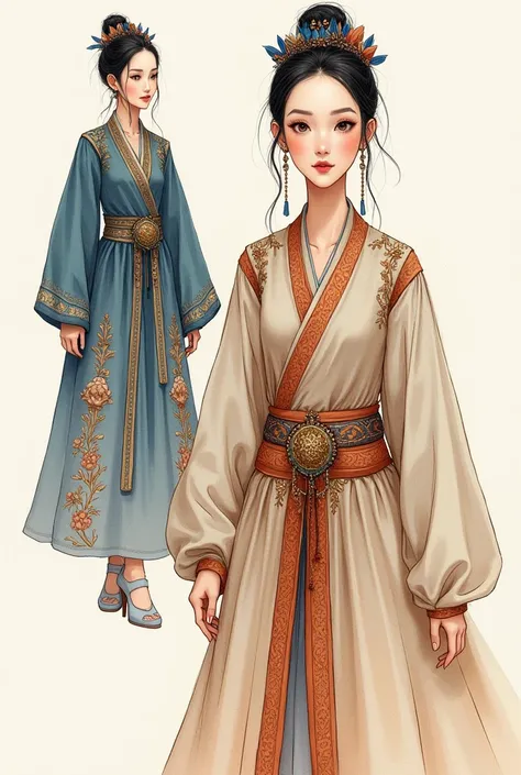 Draw fashion sketches. Mongolian girl with traditional  modern luxury deel. (detailed)