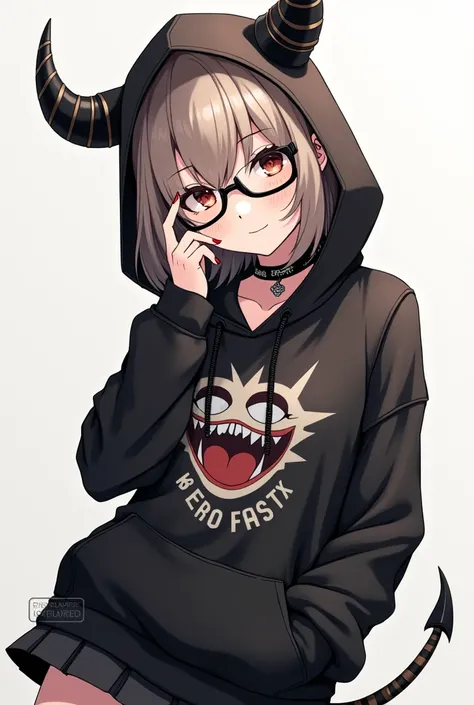 Create a female anime character with white skin, short light brown hair, a black hood with little horns, punk dr glasses, tilted head, face lenses, brqdo warmers, an epic face shirt, a black skirt