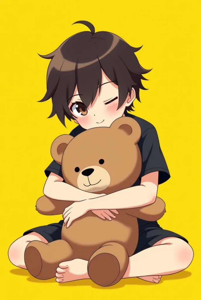 anime style:1.5, ciby boy, hugging a teddy bear, black t-shirt, black short, yellow background, one eye blink, Am sitting, Dark brown hair