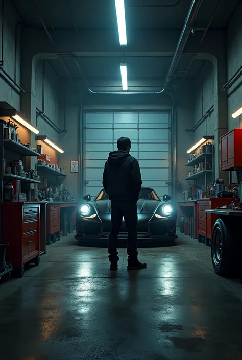 Car garage room and only back view of man looking at the wall of garage 
Racing car room

