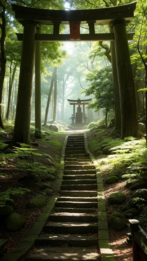 explanation: In a secluded forest, Sunlight penetrates through the dense canopy, Casts a magical glow on the forest floor. Towering Tree々に囲まれている朱色のtorii, Mysterious shadows come to life, Those who listen々whisper a secret to. The mysterious charm of whisper...