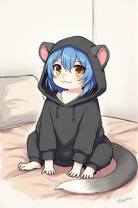 Sketch of a drawing where a furry weasel in a black sweatshirt with ears on the hood and blue hair sits on a bed 