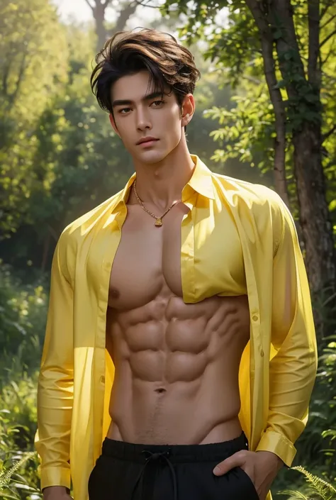 (absurdres, highres, ultra detailed), A peaceful forest clearing bathed in the golden light of the setting sun. Among the tall, ancient trees, a tall handsome muscular young man with a toned, athletic build stands confidently, solo, beautiful detailed eyes...