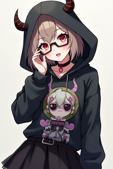 Create a female anime character with pale skin, short light brown hair, a black hood with small horns, a tilted head, punk glasses, face lenses, arm warmers, an epic face shirt, a black skirt