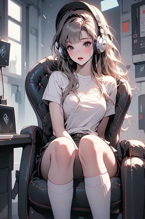 humanmercury, horn, white t-shirt, knee-high socks, wearing headphones, gameroomconcept, machine, computer, keyboard, gaming cha...