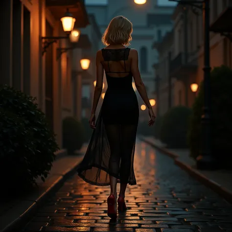 City night street、A woman in a black see-through dress walking along a cobblestone sidewalk。Sheer black lingerie、Blonde long bob hair、Red Sandals、Street lamp、Silhouette in the Dark、Rear view。