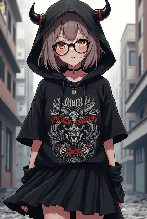 Create a female anime character with pale skin, short light brown hair, a black hood with small horns, punk glasses on her head, and an epic face shirt with a black skirt.