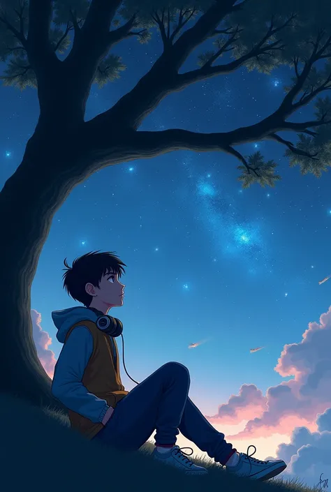 Handsome dark blue haired boy wearing a jacket, sneakers and pants with headphones around his neck. looking at a large starry sky, sitting under a large tree, reflecting hope on his face