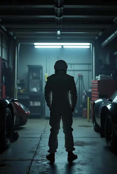 Car garage room and only back view of man looking at the wall of garage 
Racing car room ,with white racing suit
With dark room, no car, some car part

