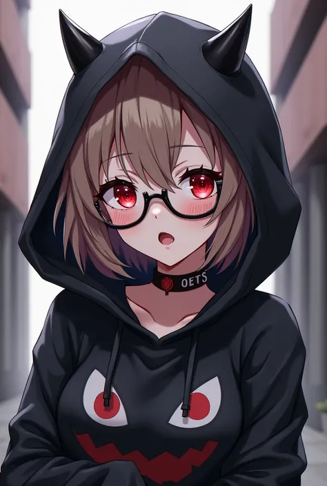 Create a female anime character with pale skin, short light brown hair, a black hood with small horns, punk glasses on her head, face lenses, an epic face shirt, a black fashion sweater