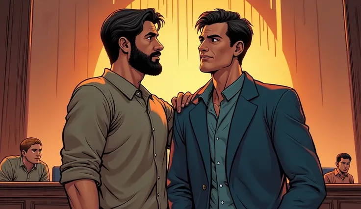 David is depicted standing firmly beside James inside the courthouse. His expression is determined and supportive, conveying a sense of unwavering commitment. James looks relieved and encouraged. The scene highlights David’s presence as a source of inner s...