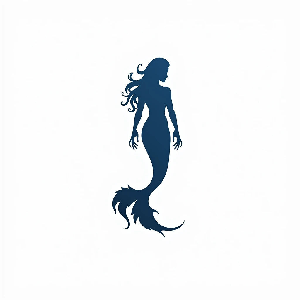 Siren silhouette on white background, silhouette of a siren floating in the depths, siren, female upper body, blue silhouette of a siren, decorative tentacles growing around it, flat vector graphic with a siren tattoo, fantasy sea creature, blue and white,...