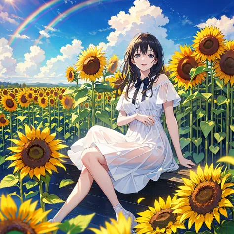 (Best Quality), (8k), (Best Quality), (Real photo), (Realistic photos), Sunflower Garden, blue sky, Rainbow and sunshine.  