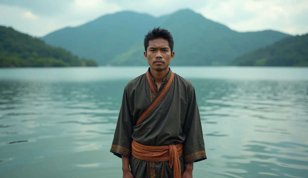 20 year old Indonesian man, wearing traditional clothes,face full of regret, in the middle of lake toba. masterpiece, realistic, Ultra HD, ultra high resolution, <xml><input>cinematic, 8k