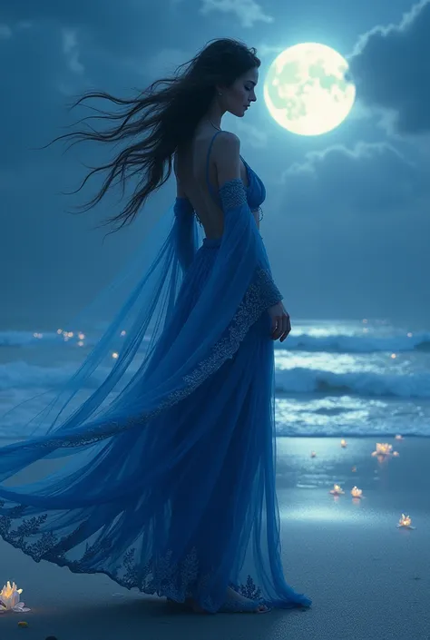 Gypsy in blue clothes on the beach at night, Moonlight Flower々