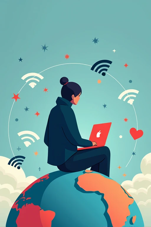 A stylized figure sitting on a globe with Wi-Fi signals, surrounded by icons representing different countries. This illustrates the digital nomad lifestyle embraced by 75% of Web3 workers, emphasizing freedom, mobility, and global connectivity