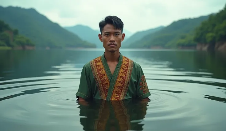 Young Indonesian man aged 20 years, handsome, wearing traditional clothes,face full of regret, in the middle of lake toba. masterpiece, realistic, Ultra HD, ultra high resolution, <xml><input>cinematic, 8k