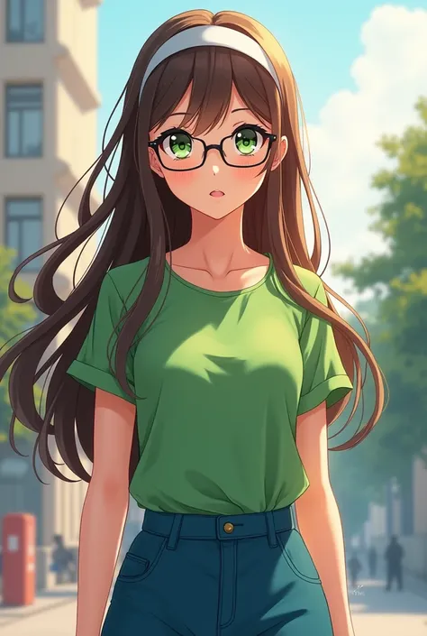 Create a female anime character with long brown hair, green top, blue pants, glasses, and a white headband 