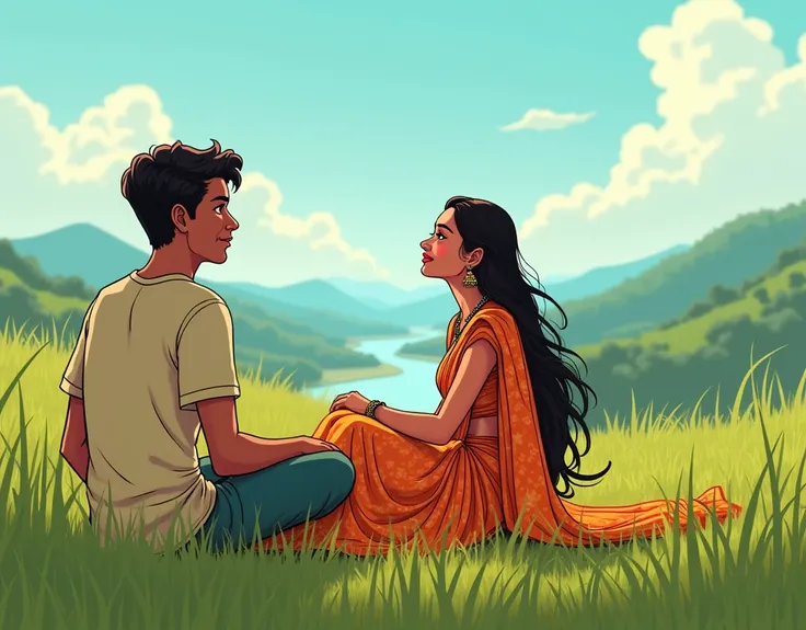 (photorealism:1.2), beautiful woman, in sambalpuri saree, seen the sky and blushing, sitting in grass field with a men, background beautiful view, cartoon and comics animation view,