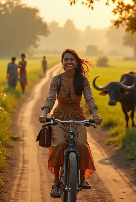 a beautiful happy indian woman riding a bicycle on a mud road between rice fields, 1980s, 1 woman, detailed face, detailed western dress, detailed handbag, 4 women working in rice fields in background, a buffalo coming opposite, morning  golden hour, side ...