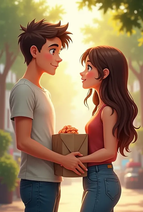 a handsome teen holding a paper bag beside a cute girl teen front view
