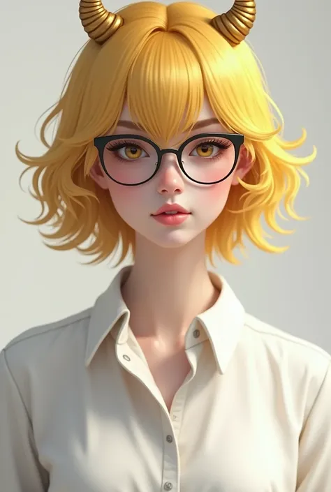 Create a female character yellow hair small golden horns black glasses face sublime shirt