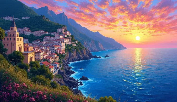 Beautiful landscape of beautiful Amalfi Coast, dawn sky is very colorful with many colors in very smooth gradience, oil painting,Van Goghs style