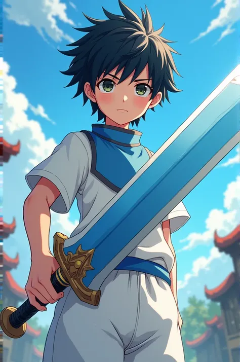 Black haired boy with a bib,a blue knight&#39;s sword,and some white pants,Anime style