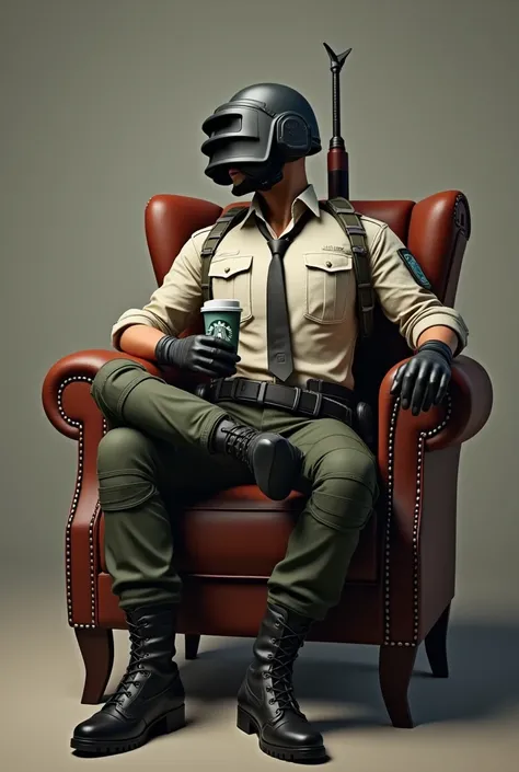 Pubg character sitting on chair and holding starbucks cup in hand 
