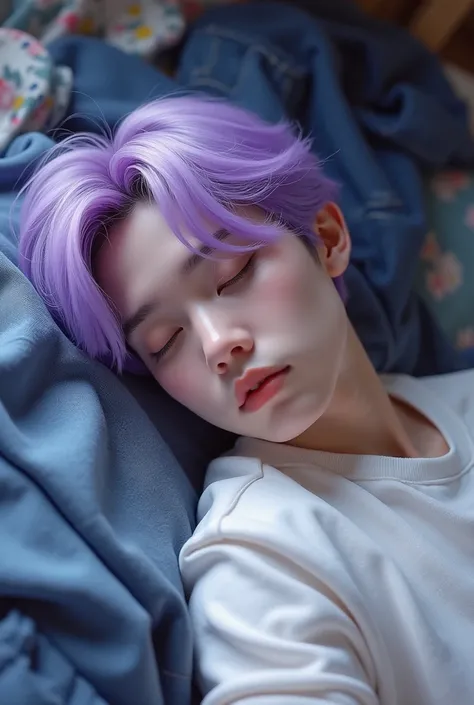 Adult bts Jimin with short pastel purple hair and sleeping on the floor among several clothes, that it is a realistic image
