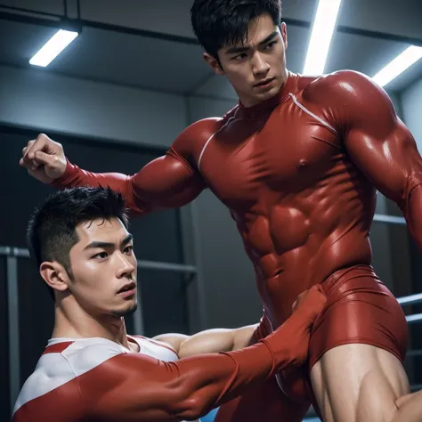 1 muscular shirtless Japanese male, tight red wrestling suit, fighting with 1 muscular male, tight blue wrestling suit, sweating, dynamic action pose, detailed facial features, extremely detailed, hyper realistic, 8k, photorealistic, studio lighting, maste...