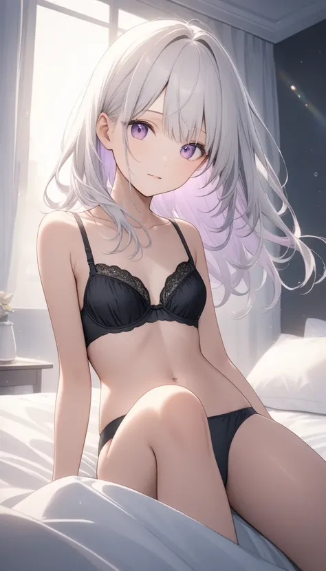 One,Cute  girl,Young face、Slim figure、Thin legs、((White hair color、Light reddish purple inner color hairstyle、Straight hair type), （((Black bra and black panties)))、Beautiful Hair, Facial Contour, Remember、illumination、Splash, Lens Flare,Natural Color, Hig...