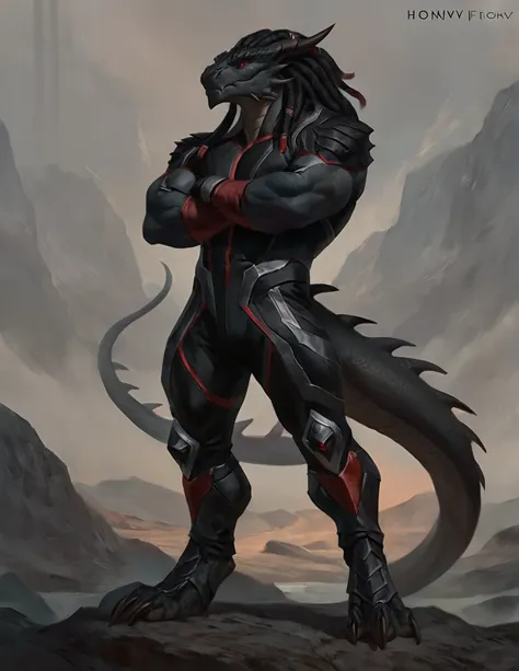 a ferocious male dragonborn, solo, muscular detailed body, standing with crossed arms, full body, black color body, scalie tentacle dreadlocks, red eyes, pants, armless bodysuit, comicbook style, best quality, 4k, ultra-detailed, by laobai, by taran fiddle...