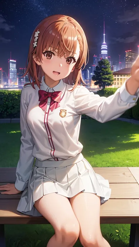 school costume、cute Girl、standing in the park、1girl、High quality High resolution、(misaka mikoto:1.2),happy smile,winq,winter,small breasts,sit on a bench,school uniform,mini skirt,short hair,night sky,park,View of the city,forest,starry sky,masterpiece,bes...