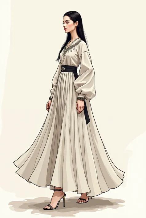 draw fashion sketches. Mongolian girl put on modern pretty deel.