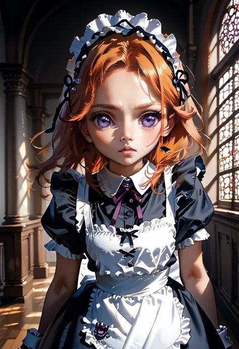 masterpiece, high quality, 1 girl, purple eyes, orange hair,maid headdress, maid,