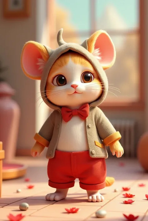 Cat in a mouse costume、　Stand on hind legs、Red trousers　3D animation　Yulchara　SD Character　3 heads　