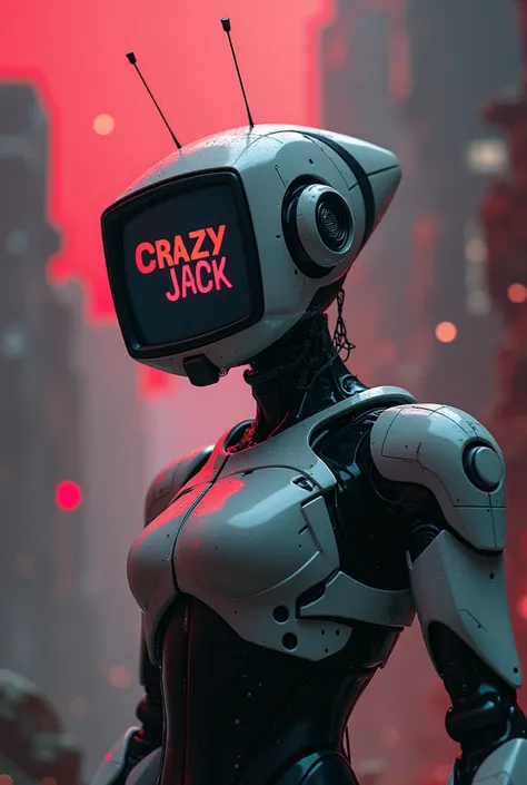 Make a robot with white and black combibation tv on his head write on it crazy jack and background is like universe cybre crime and blure and red lighthing