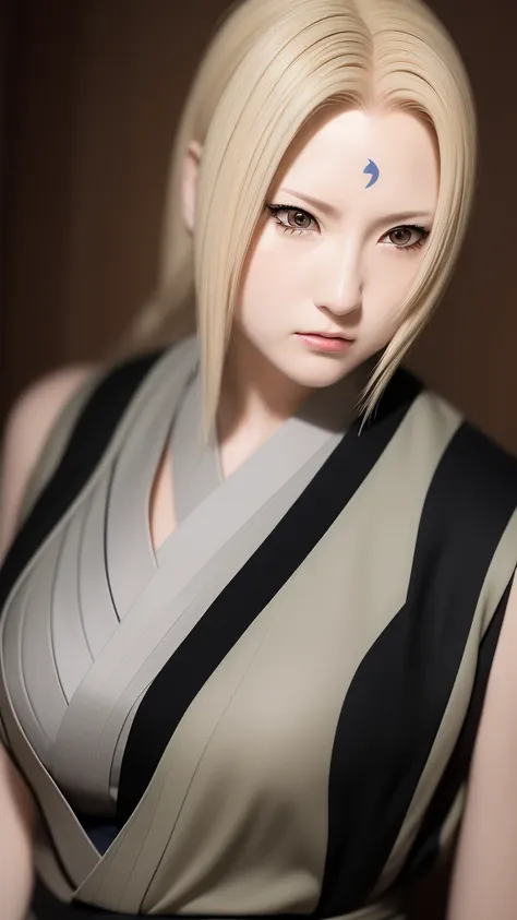 real life adaption of this character,her name is tsunade senju from anime naruto ,hyper realistic ,very realistic detailed yello...